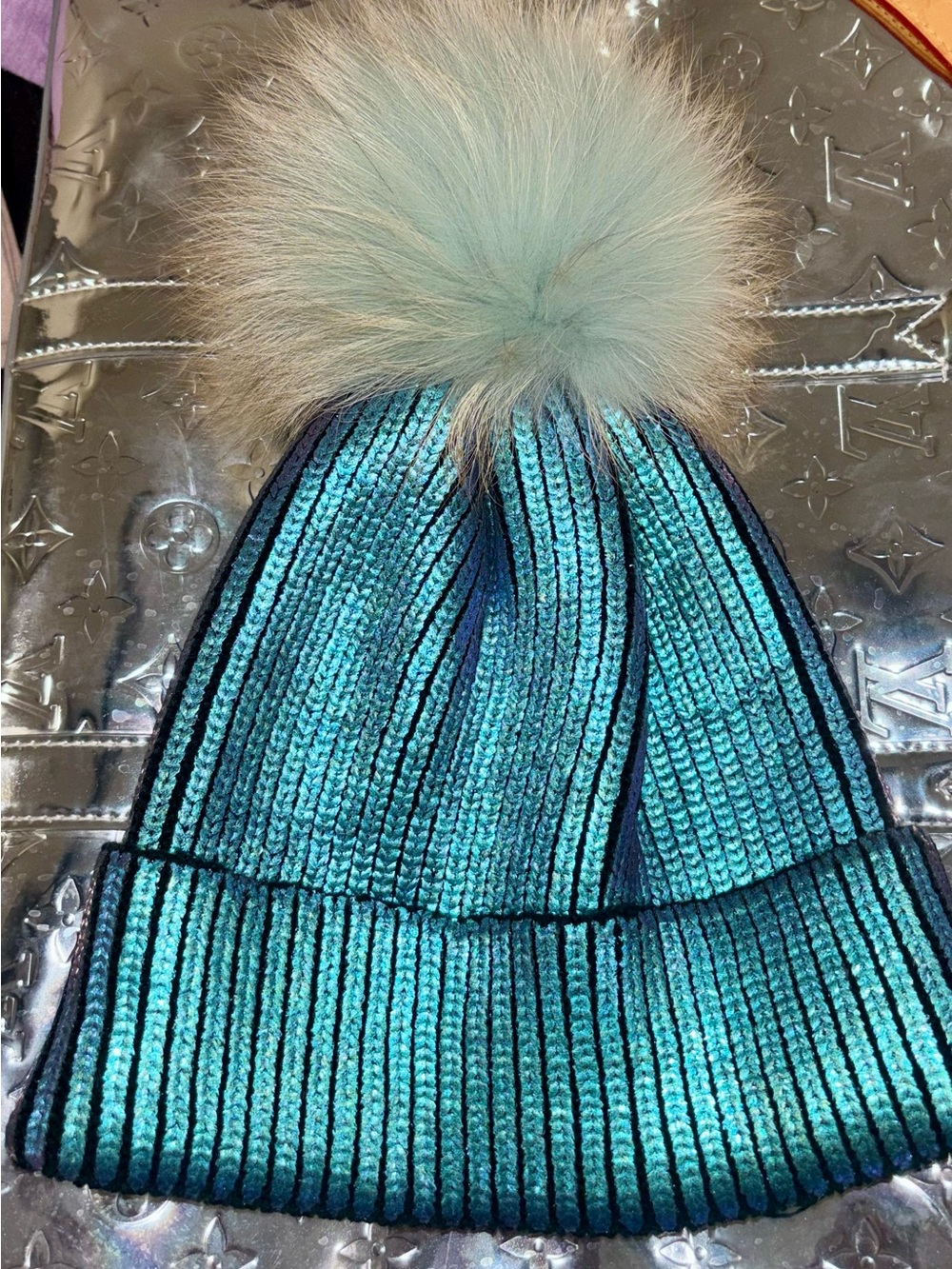 REAL Fox Fur Adrienne Landau Metallic Blue Green Beanie